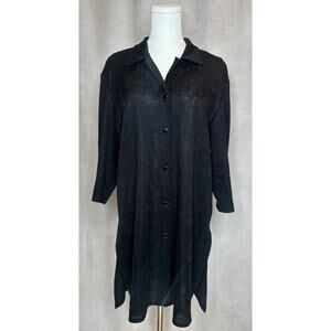 Vintage Leslie Fay Black Button Front Dress Women’s 14 Made in USA Textured Midi